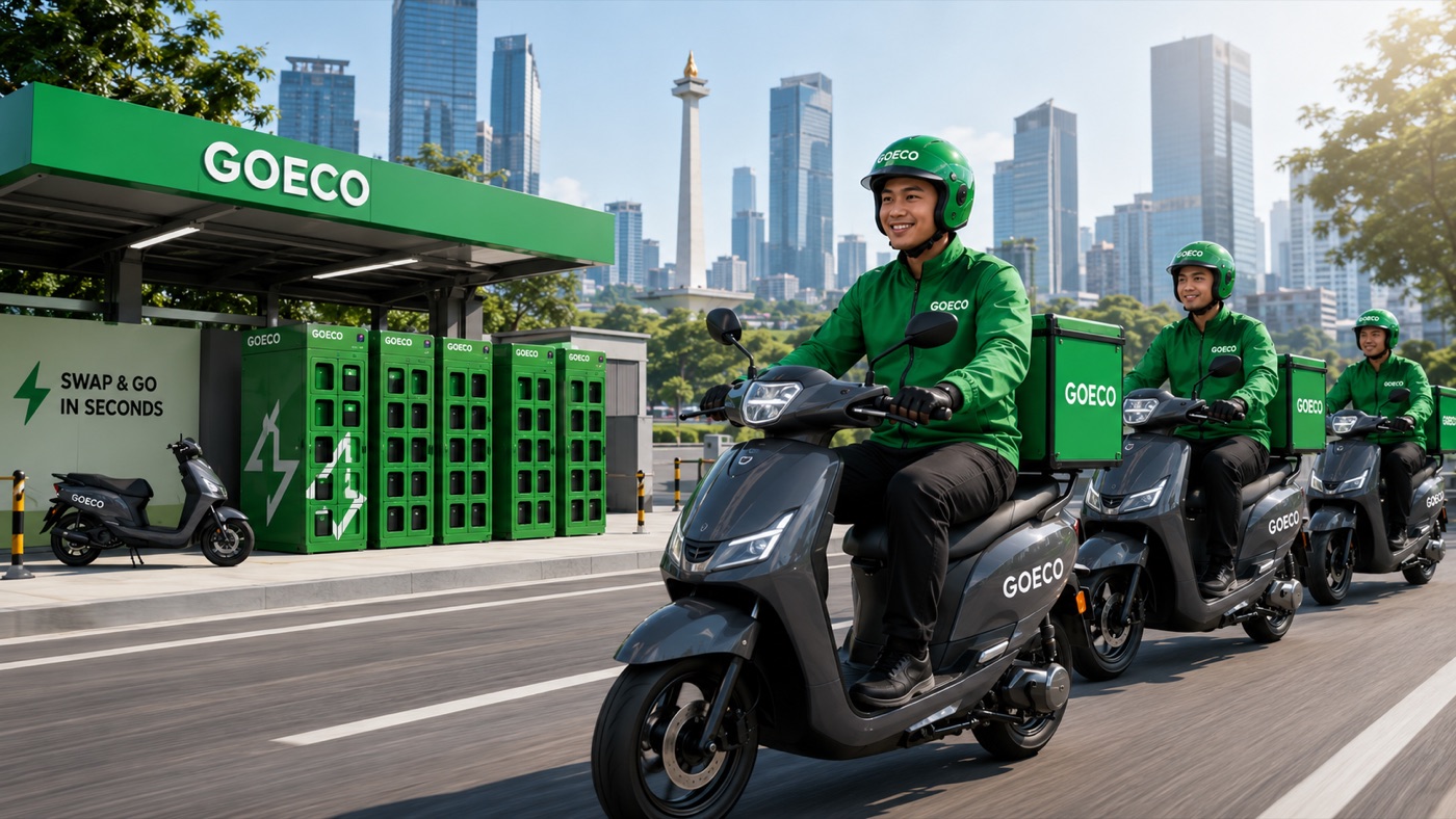 Riders swapping batteries at a GOECO swap station